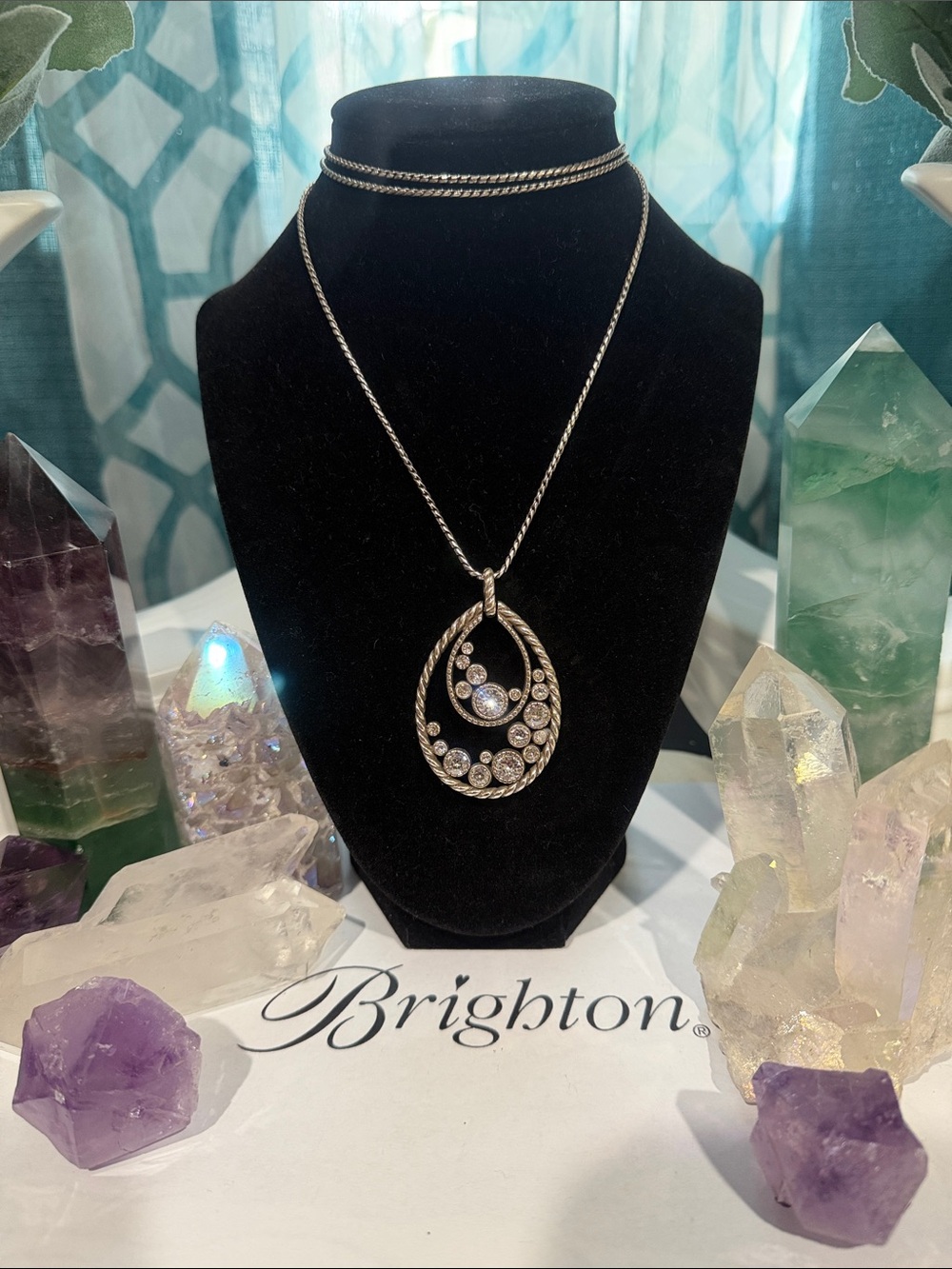 💎BRIGHTON HALO RADIANCE Silver Teardrop Necklace with Clear Swarovski Crystals!